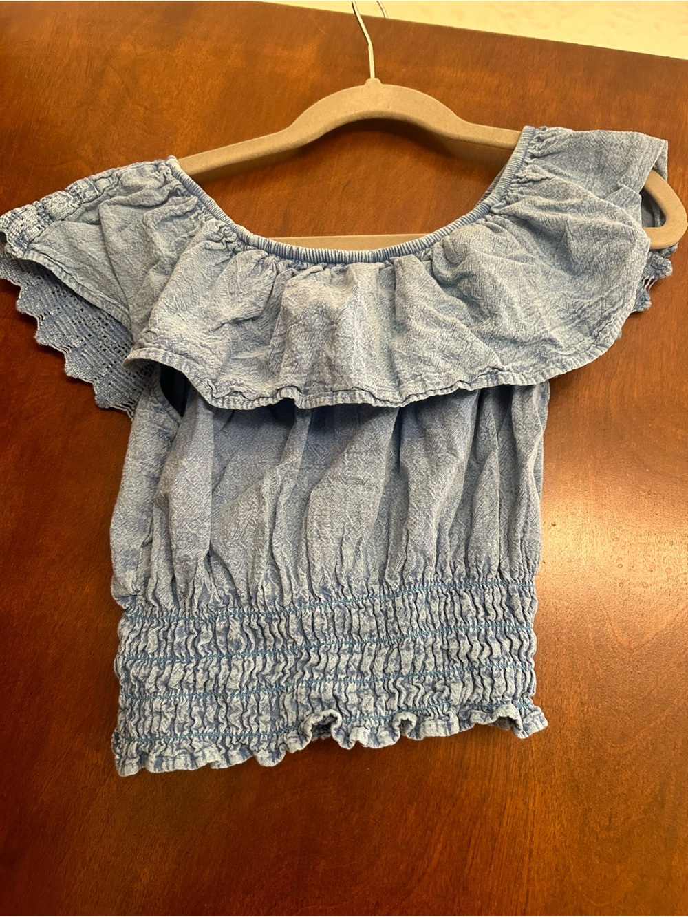 Girls' Light Blue Off-Shoulder Ruffle Short Sleeve Top - Smocked Waist